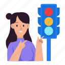 traffic light, signal, road, stop, girl, public transportation, transport, facility, urban