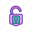 cipher, lock, opened, outline, padlock, security, tool 