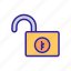 cipher, opened, outline, padlock, password, security, tool 