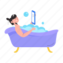 person relaxing, taking bath, bath shower, bath relaxing, mobile user