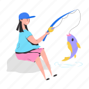 fishing girl, fisherwoman, fishing lady, catching fish, fishing person