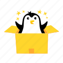 penguin, unboxing, gift, bird, box, character, winter, cartoon