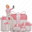 woman, selfie, celebration, smartphone, pink, social media, delivery, shipping, gift box 