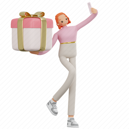 Girl, selfie, gift, box, woman, smartphone, pink 3D illustration - Download on Iconfinder