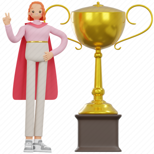 Leader, female, standing, trophy, girl, gold, achievement 3D illustration - Download on Iconfinder