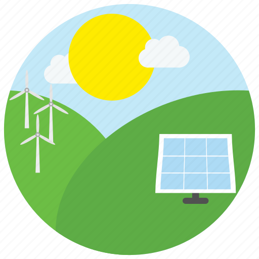 Clouds, locations, outdoors, places, solar panel, sun, windmills icon - Download on Iconfinder