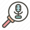 search, podcast, audio, communications, magnifying glass, microphone, radio