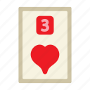 three of hearts, poker card, poker, card game, playing cards, gambling, game, gaming