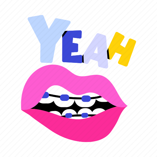 Yeah, yeah word, yeah text, tooth braces, lips emoji icon - Download on Iconfinder