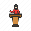 conference, female speaker, platform, presentation