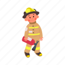 firefighter, flat, icon, boy, uniform, fire, extinguisher, child, profession