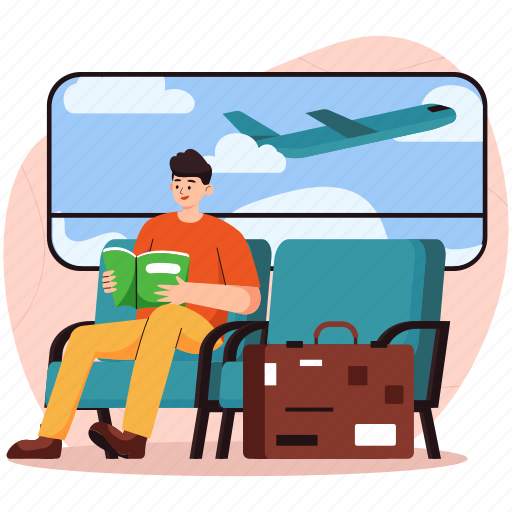 Reading, book, airport, study, transportation, learning, travel illustration - Download on Iconfinder