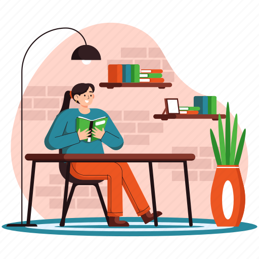 Reading, book, furniture, house, learning, library, study illustration - Download on Iconfinder