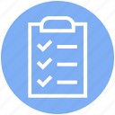 checkmark, clipboard, document, list, page, paper, task