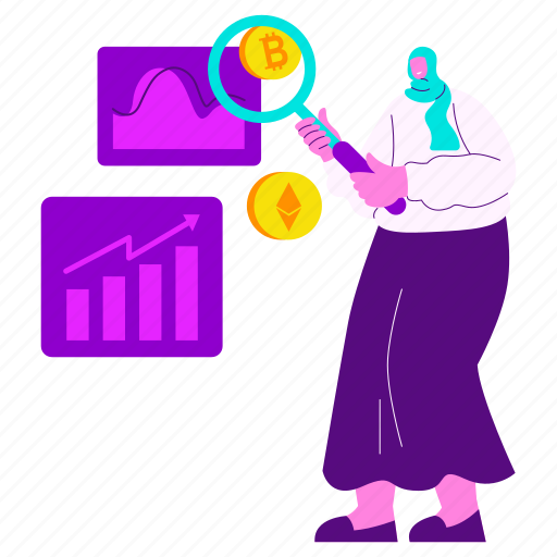 Crypto investment analysis, analytics, trading, graph, magnifier, girl hijab, crypto illustration - Download on Iconfinder