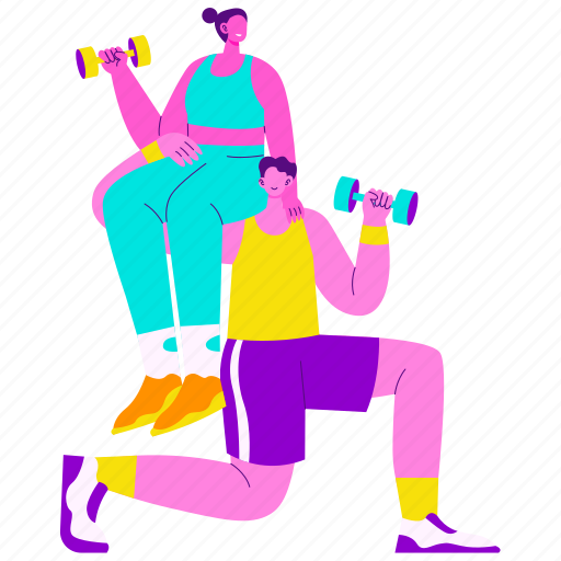 Couple exercise, couple, dumbbell, sports together, power, strength, fitness illustration - Download on Iconfinder