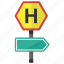 hospital ahead, hospital direction, hospital sign, road sign, traffic sign 