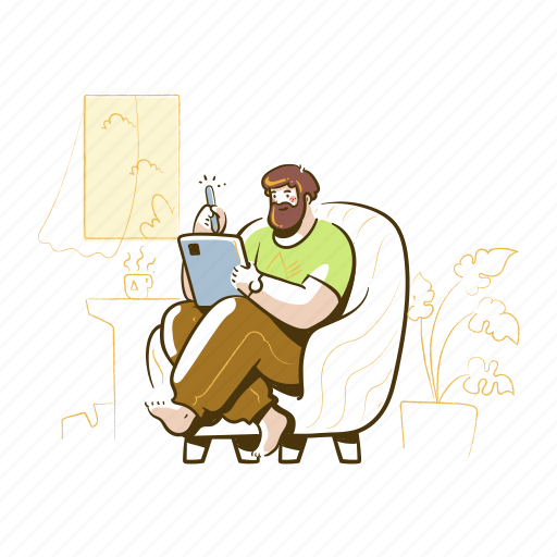 Tablet, man, chair, window, home, drink, beverage illustration - Download on Iconfinder