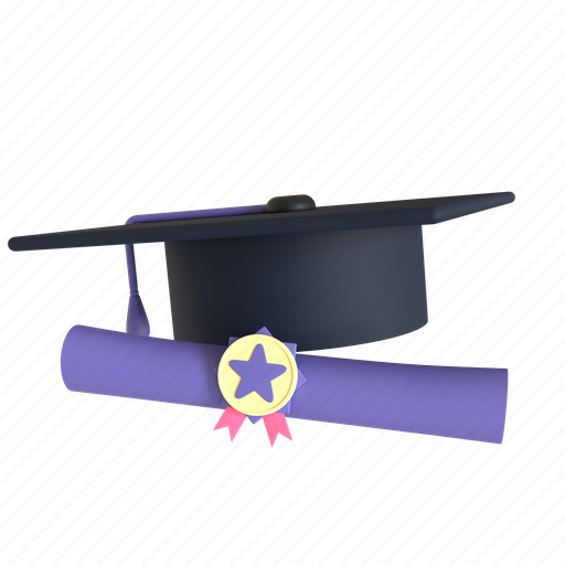 Education, graduation hat, graduation certificate, hat and degree, student, diploma, school 3D illustration - Download on Iconfinder