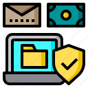 email, folder, laptop, money, shield