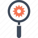 explore, magnifier, optimization, search, seo, view, cogwheel