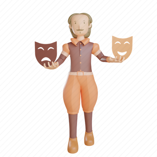 Shakespeare, hold mask, drama, comedy, mask, theater, stage 3D illustration - Download on Iconfinder