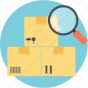 cardbox under magnifier, package analysis, parcel tracking, shipment search, supervision