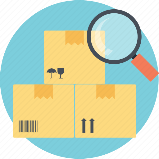 Cardbox under magnifier, package analysis, parcel tracking, shipment search, supervision icon - Download on Iconfinder