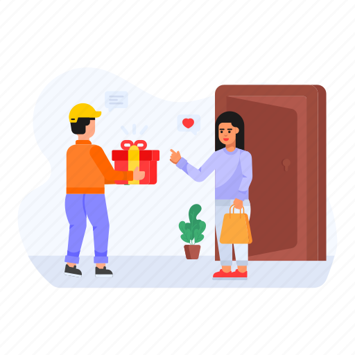 Home delivery, gift delivery, doorstep delivery, surprise, delivery boy illustration - Download on Iconfinder