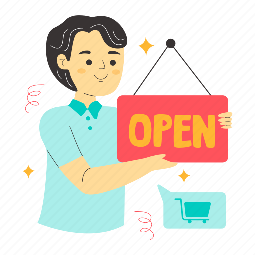 Open sign, sing board, open, open board, shopping, grocery, people activity illustration - Download on Iconfinder