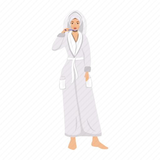 Woman, brushing, teeth, bathrobe, toothbrush illustration - Download on Iconfinder