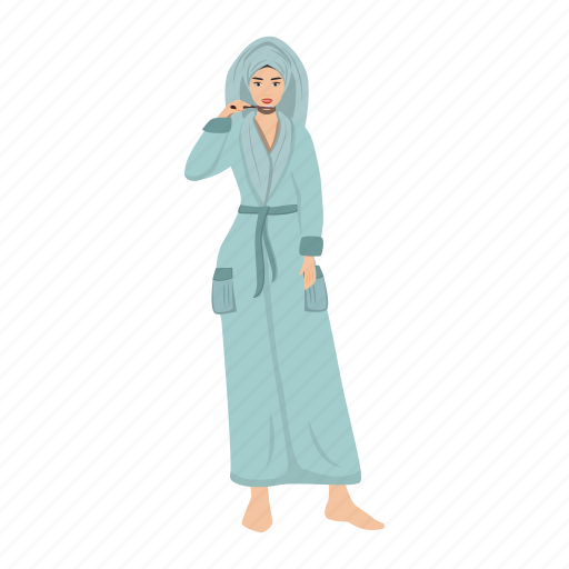 Woman, bathrobe, teeth, brushing, toothbrush illustration - Download on Iconfinder