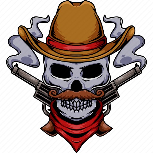 Skull, cowboy, pistol, gun, hat, scarf, mustache icon - Download on Iconfinder