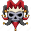 skull, jester, joker, illustration, tattoo, head, clown, hat 
