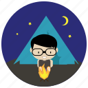 camping, fire, interactions, moon, social, stars, tent