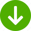 arrow, circle, descend, down, downward, green, south