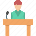 candidate, conference, describe, microphones, narrate, speaker, speech