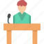 candidate, conference, describe, microphones, narrate, speaker, speech 