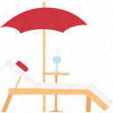 beach, bench, summer, umbrella, sunbed