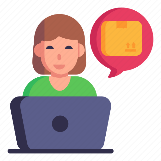 Online chat, female worker, logistics communication, parcel, laptop user icon - Download on Iconfinder