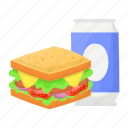 sandwich, fast food, toasted, soft drink, can, tin, water 