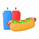 hot dog, burger, hamburger, fast food, sauces, bottles, junk food 