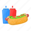 hot dog, burger, hamburger, fast food, sauces, bottles, junk food 