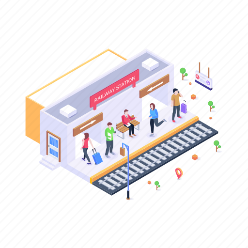 Railway station, train station, subway station, passengers, waiting area illustration - Download on Iconfinder
