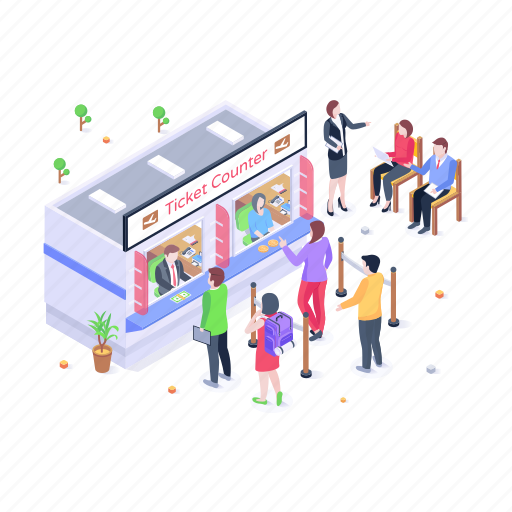 Ticket booth, ticket counter, passengers, ticket stall, buying tickets illustration - Download on Iconfinder