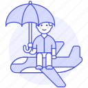 airplane, coverage, flight, insurance, journey, male, plane, travel, trip, umbrella 