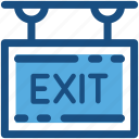 emergency exit, exit sign, hanging sign, out, signboard