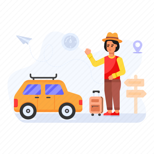 Hire car, hire cab, hire taxi, traveller, road trip illustration - Download on Iconfinder