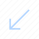 arrow, bottom, chevron, diagonal, direction, interface, left