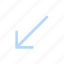 arrow, bottom, chevron, diagonal, direction, interface, left 